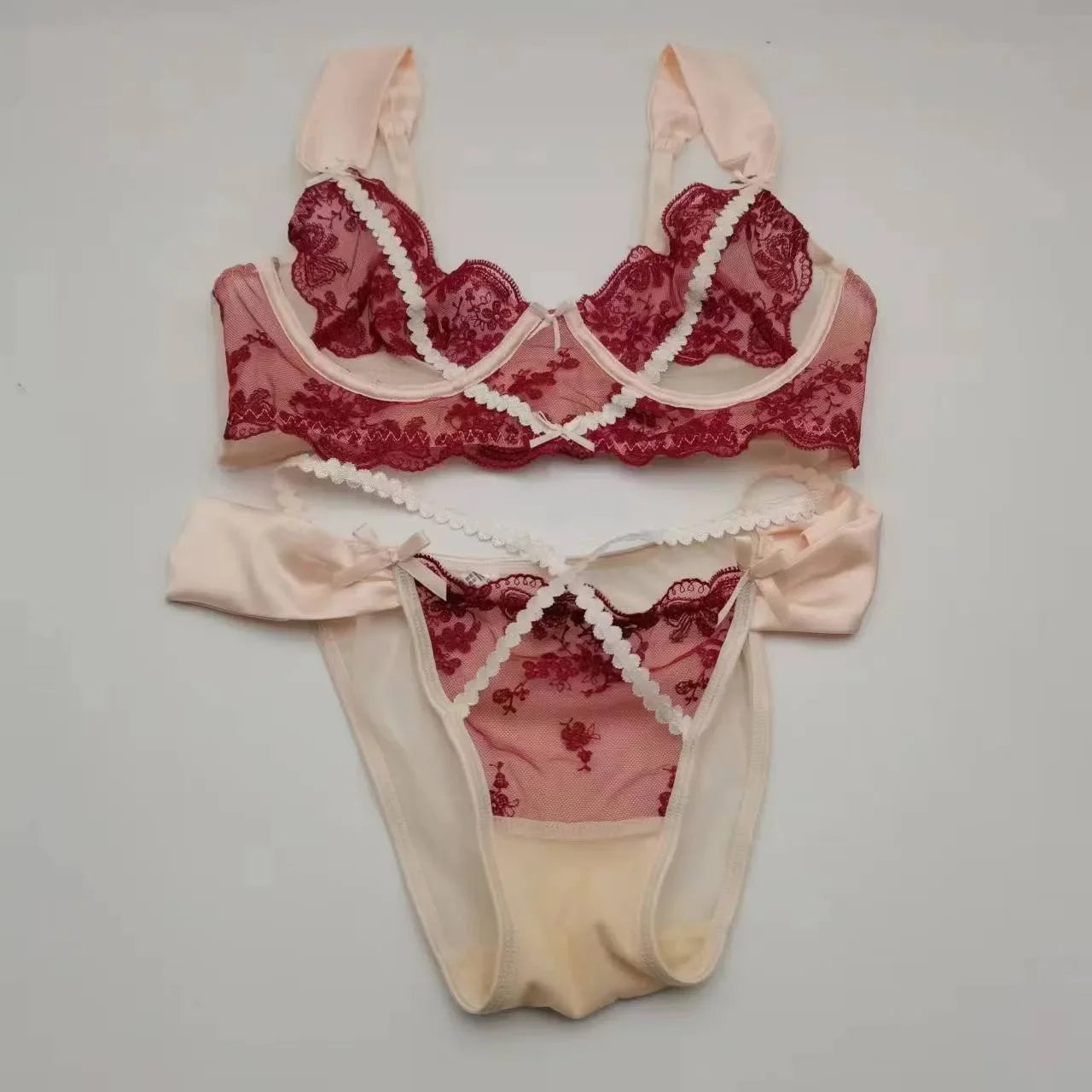 Sexy Lace Push Up Bra And Panty Set Featuring Semi Sheer Floral Design With Ring Embellishment