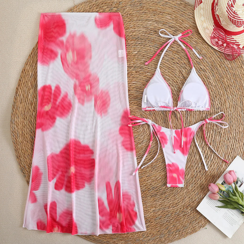 Flowers Printed With Skirt Halter Bikini Three-pieces Bikini set