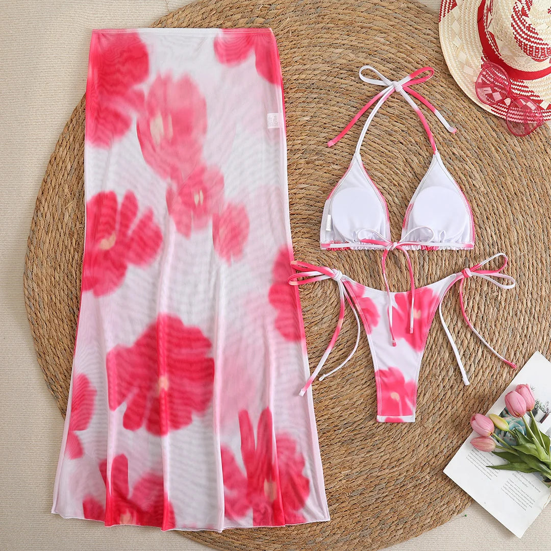 Flowers Printed With Skirt Halter Bikini Three-pieces Bikini set