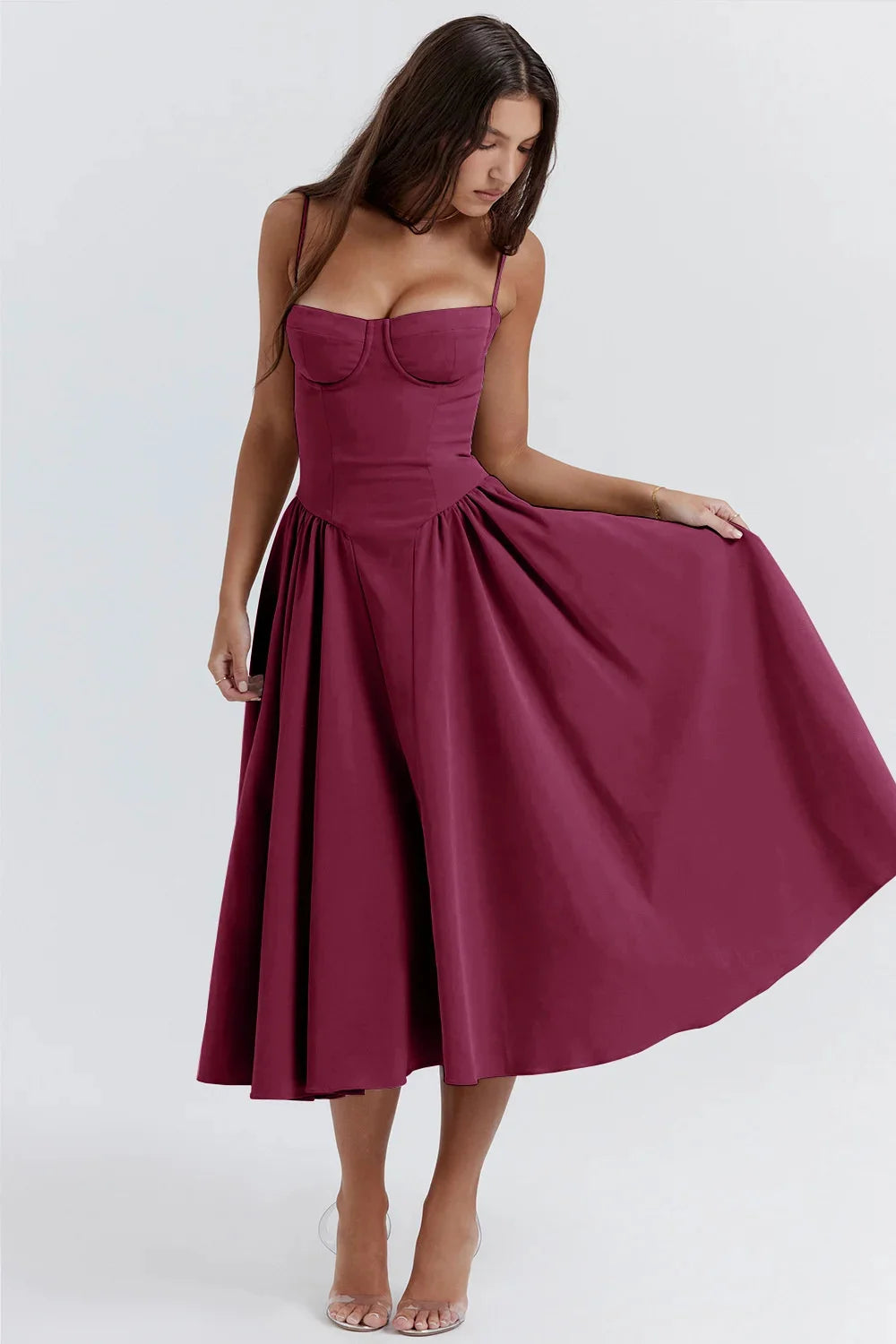 Backless Suspender Midi Dress Sleeveless A Line Style For Evening Wear