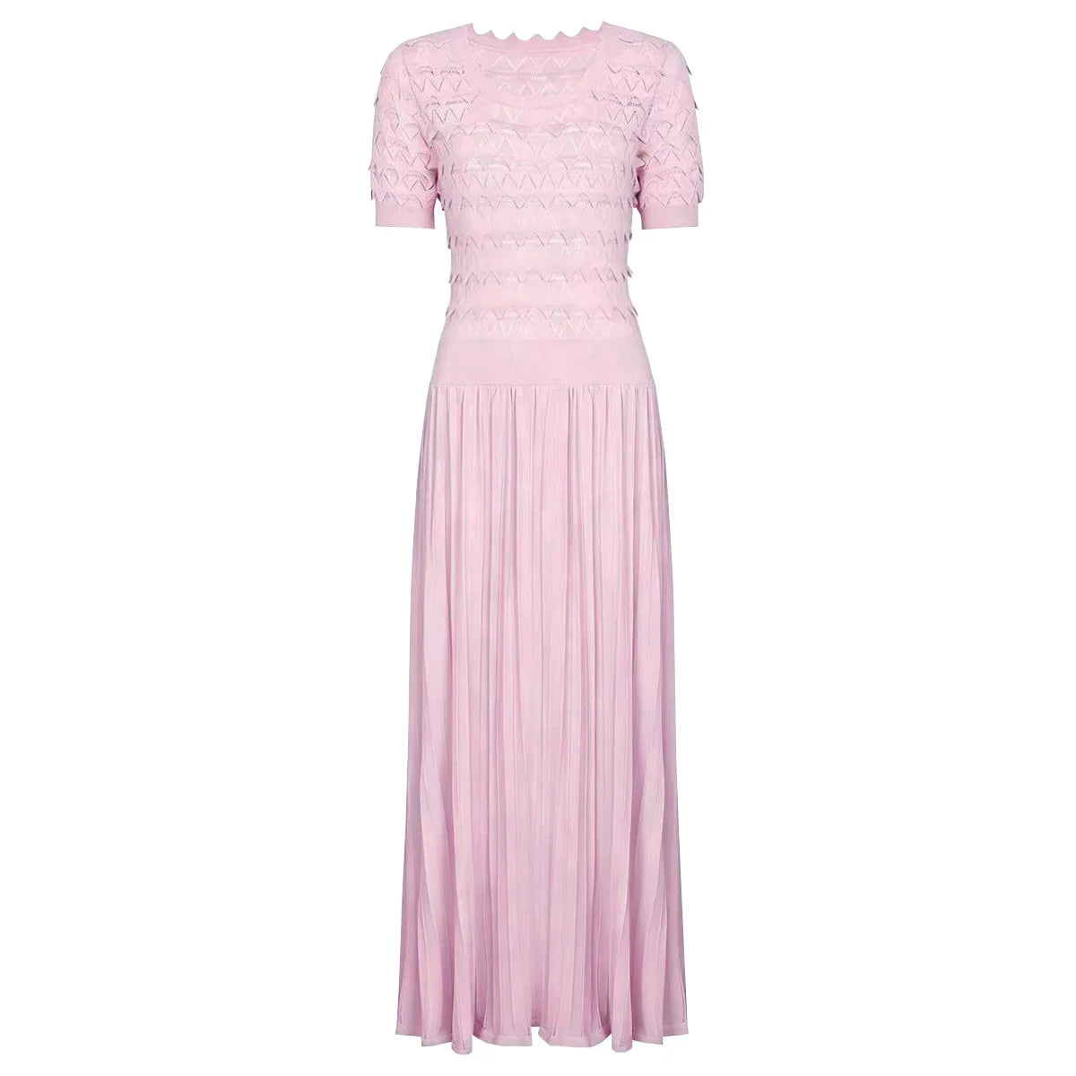 Knit Maxi Dress With Short Sleeve Hollow Detailing And Pleated Skirt