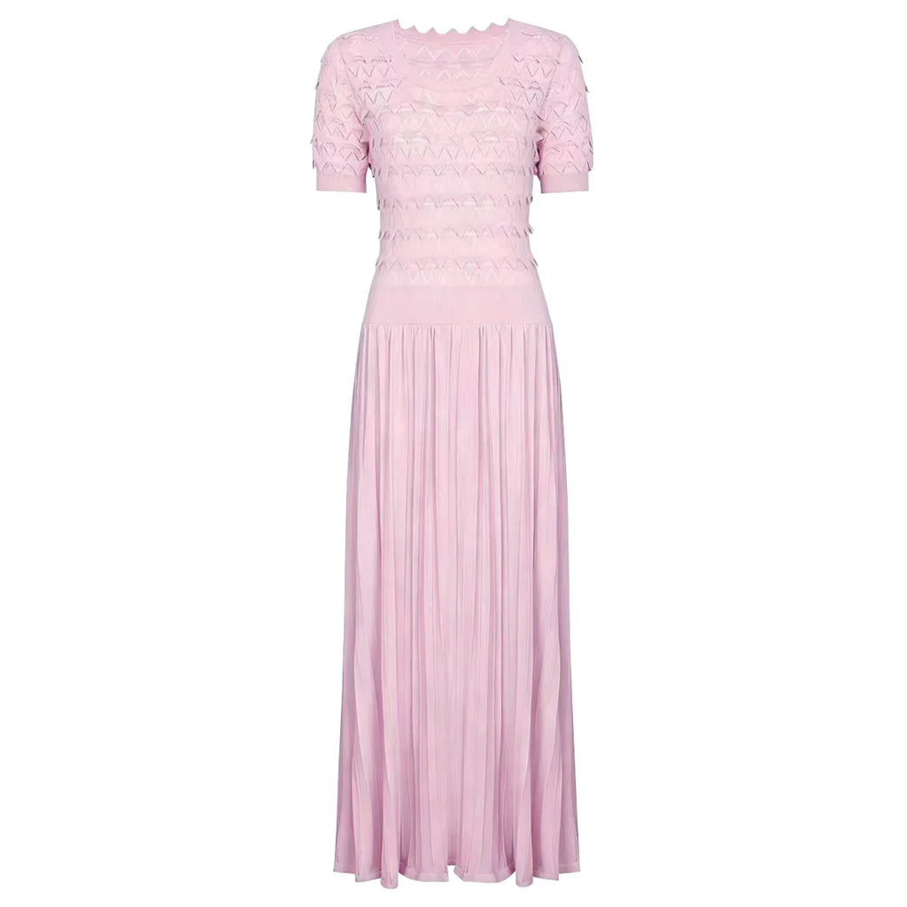 Knit Maxi Dress With Short Sleeve Hollow Detailing And Pleated Skirt