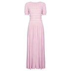 Knit Maxi Dress With Short Sleeve Hollow Detailing And Pleated Skirt