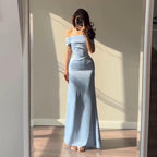 Retro Off Shoulder Satin Dress With Panel Back A Line Silhouette Long