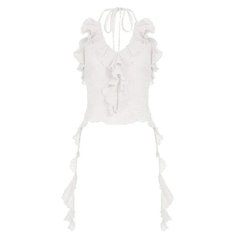 Retro Halter Top With Backless Ruffle Hem Detail Sleeveless