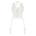 Retro Halter Top With Backless Ruffle Hem Detail Sleeveless
