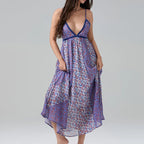 Women's Boho Chiffon Floral Print Long Strap Backless Maxi Dress