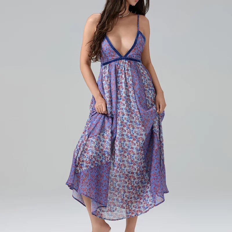 Women's Boho Chiffon Floral Print Long Strap Backless Maxi Dress