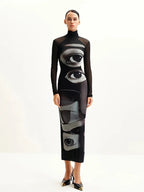 Printed Maxi Dress With Turtleneck And Long Sleeves Slim Fit