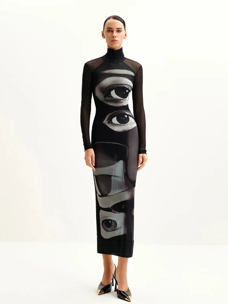 Printed Maxi Dress With Turtleneck And Long Sleeves Slim Fit
