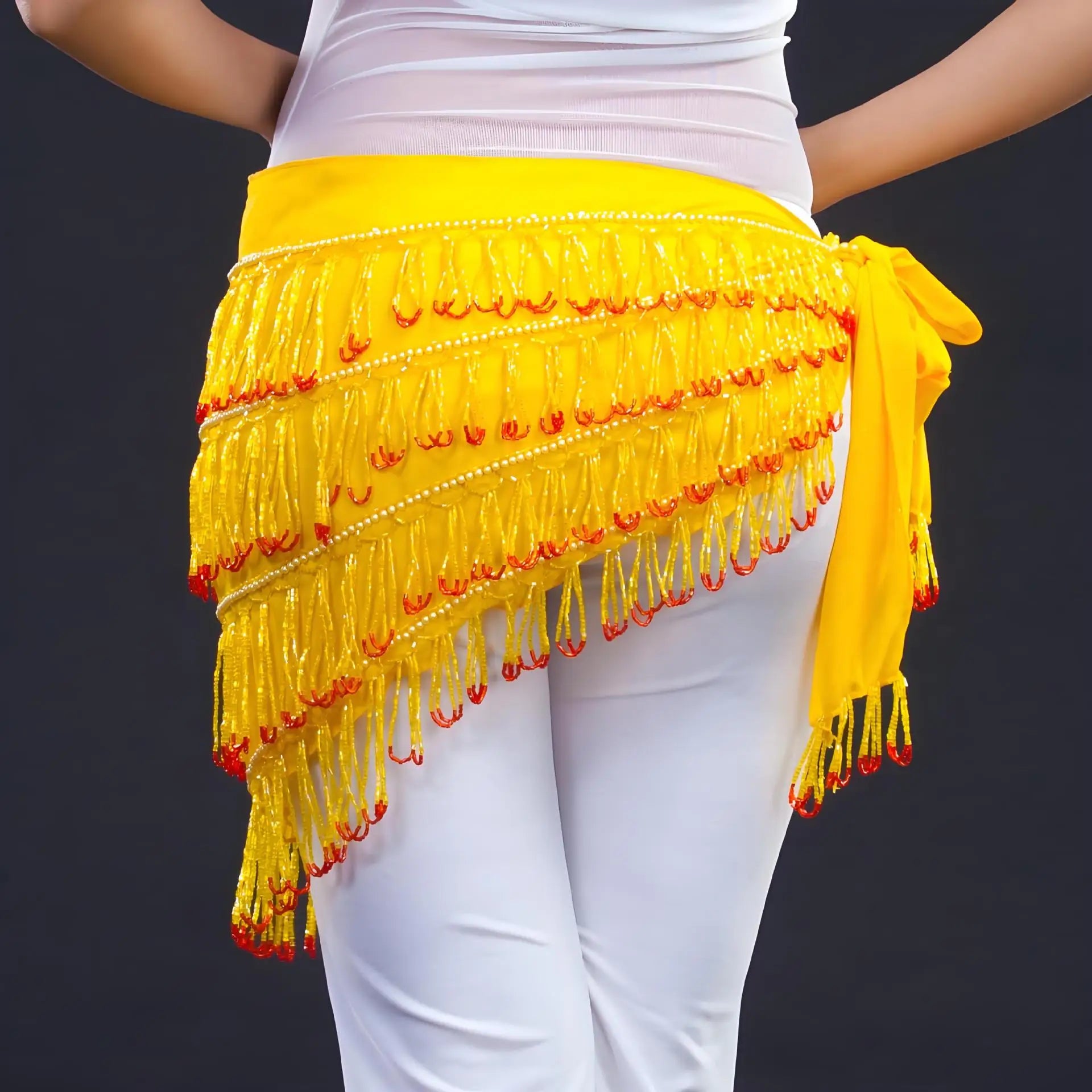 Handmade Beaded Belly Dance Hip Scarf With Lace Up Chiffon Base Fringes Belt