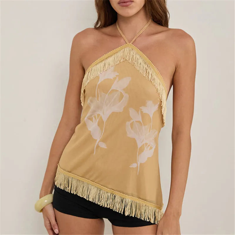 Boho Halter Top With Fringe Trim Backless Tie Back Floral Print