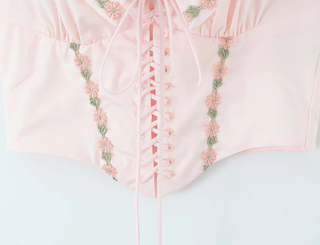 Pink Embroidered Floral Halter Corset Camisole With Ruched Chest Bow And Cross Lacing