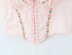 Pink Embroidered Floral Halter Corset Camisole With Ruched Chest Bow And Cross Lacing