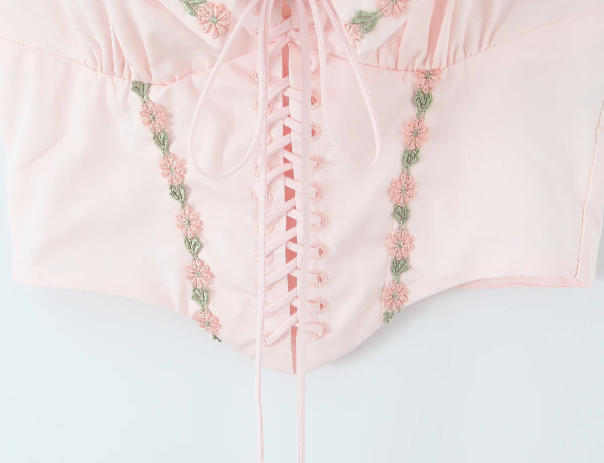 Pink Embroidered Floral Halter Corset Camisole With Ruched Chest Bow And Cross Lacing