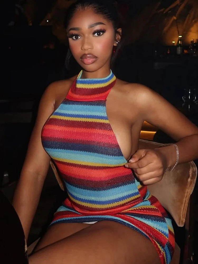 Stripe Patchwork Bodycon Mini Dress Halter Backless Off Shoulder