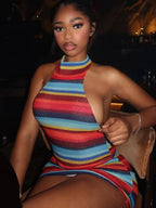 Stripe Patchwork Bodycon Mini Dress Halter Backless Off Shoulder