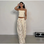 Chic Strips Pants Women Set Patchwork Slash Neck Bandage Top Pleated Asymmetry Trousers