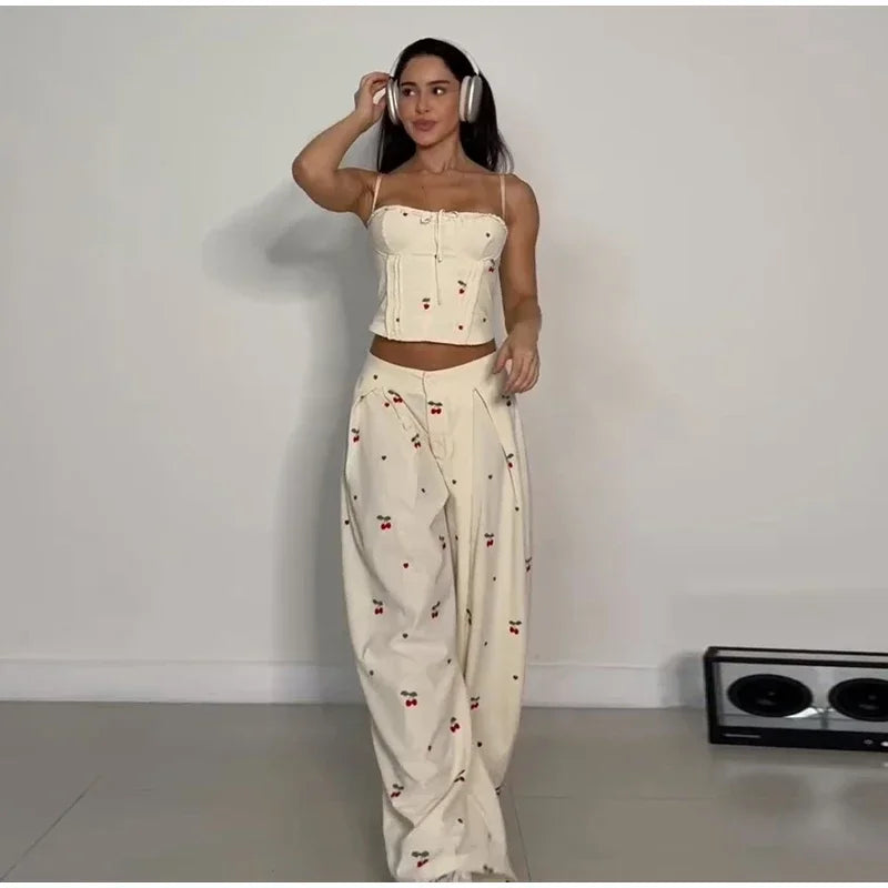 Chic Strips Pants Women Set Patchwork Slash Neck Bandage Top Pleated Asymmetry Trousers