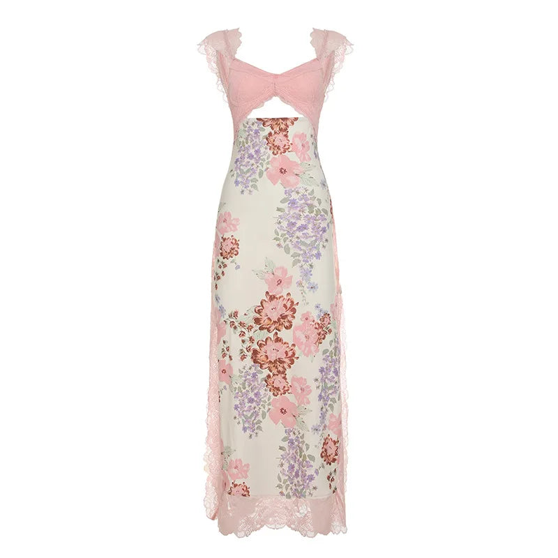 Elegant Backless Halter Dress With Lace And Floral Print High Waist Irregular Split