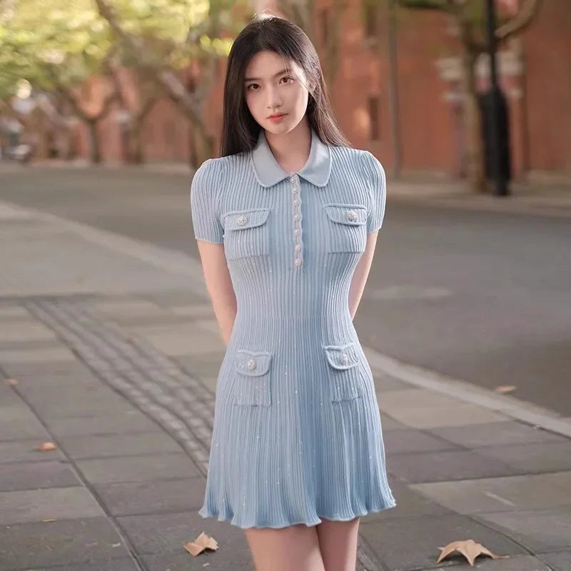 Polo Neck Knit Dress With Elastic Slim Fit And Multi Pocket Wrapped Hip Skirt