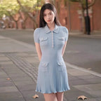 Polo Neck Knit Dress With Elastic Slim Fit And Multi Pocket Wrapped Hip Skirt