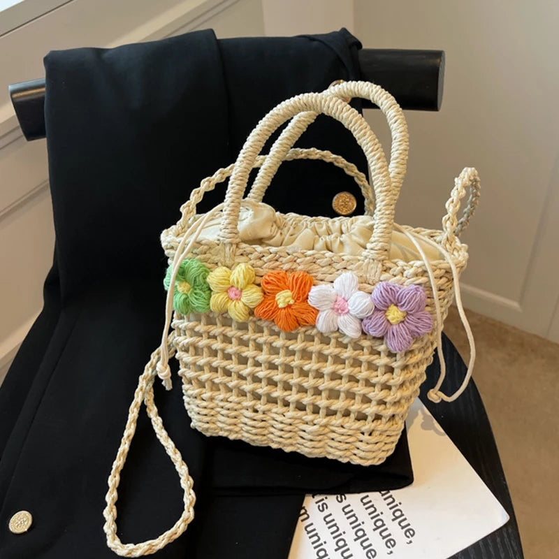 Straw Woven Shoulder Bag With Floral Details