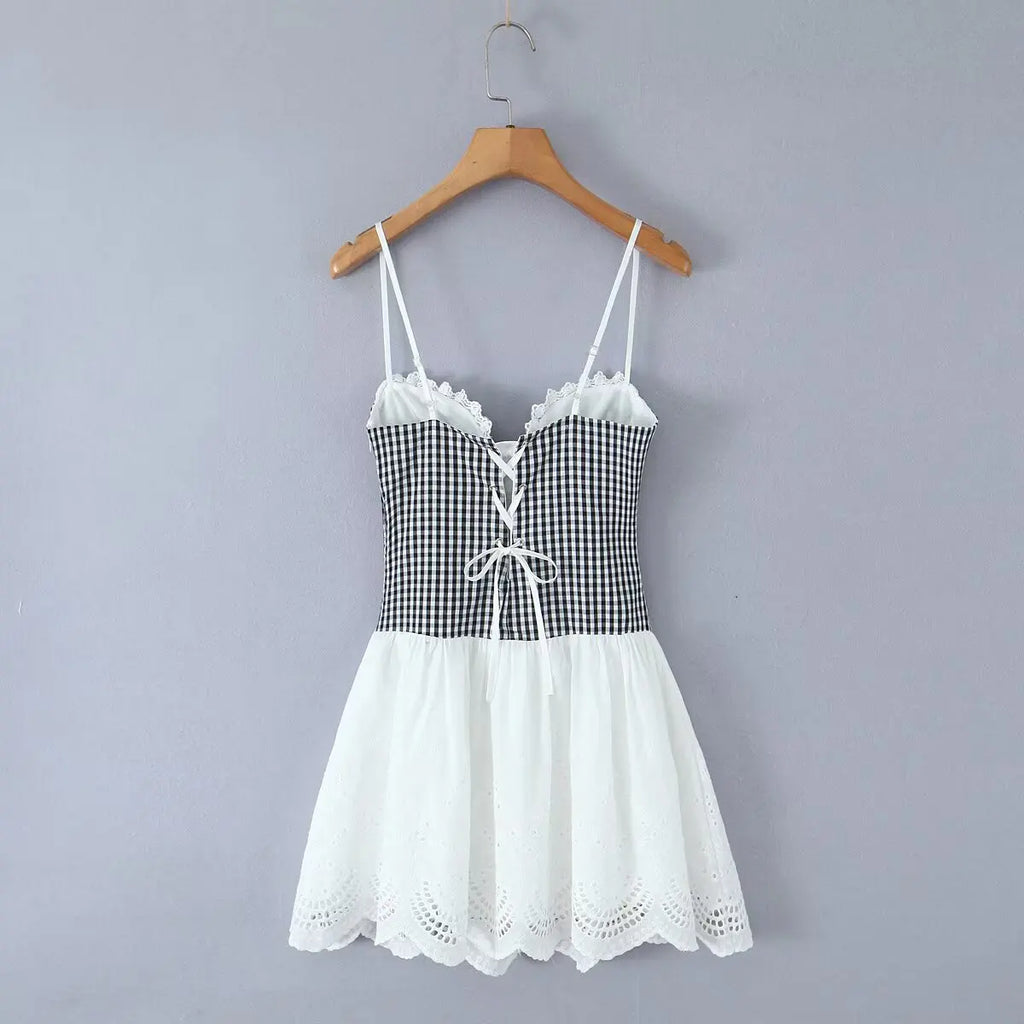 Sexy Women Plaid Spliced Sling Mini Summer Dress Lacing Up Bandage Back A-line Cotton Dress