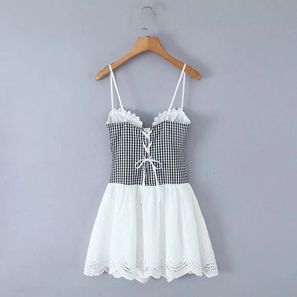 Sexy Women Plaid Spliced Sling Mini Summer Dress Lacing Up Bandage Back A-line Cotton Dress