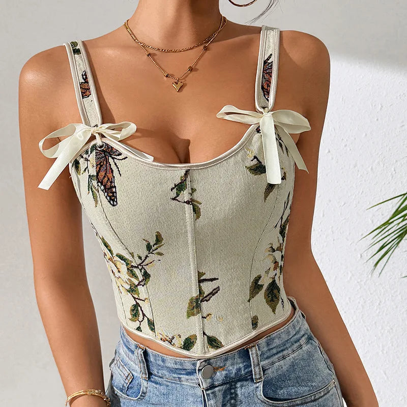 French Floral Print Corset Top With Double Straps Vintage Bustier Shaper