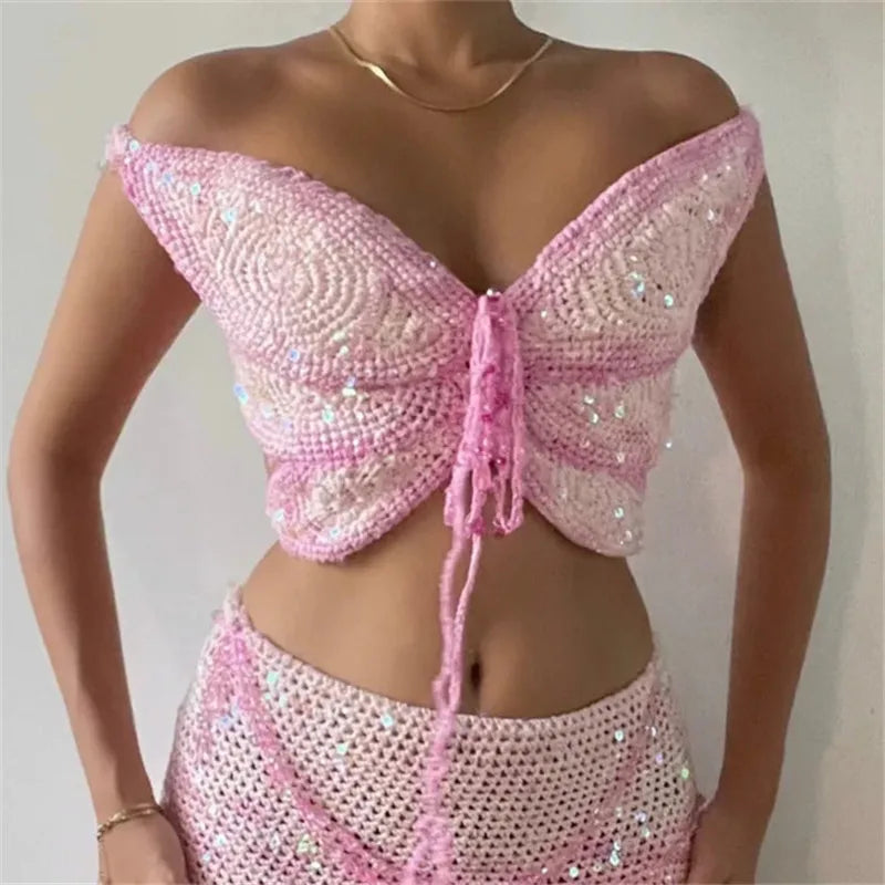 Butterfly Sequin Knit Crochet Crop Top Off Shoulder Backless