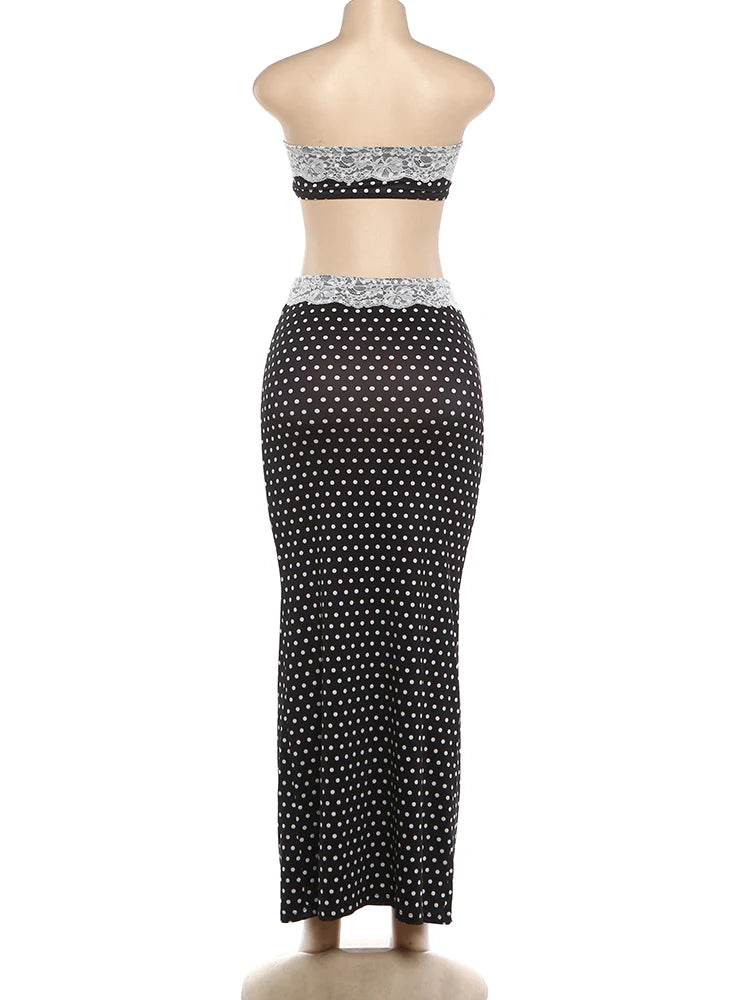 Black Lace Patchwork Two Piece Set With Backless Tube Top And Polka Dot Skirt