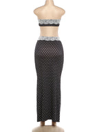 Black Lace Patchwork Two Piece Set With Backless Tube Top And Polka Dot Skirt