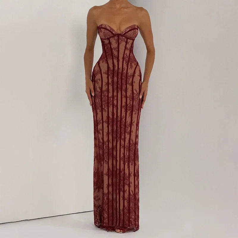 Elegant Backless Strapless Tulle Maxi Dress With Patchwork Print Off Shoulder Evening Gown
