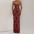 Elegant Backless Strapless Tulle Maxi Dress With Patchwork Print Off Shoulder Evening Gown