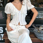 Sunlit Vintage Puff Sleeve V Neck White Chiffon Crop Top Blouse