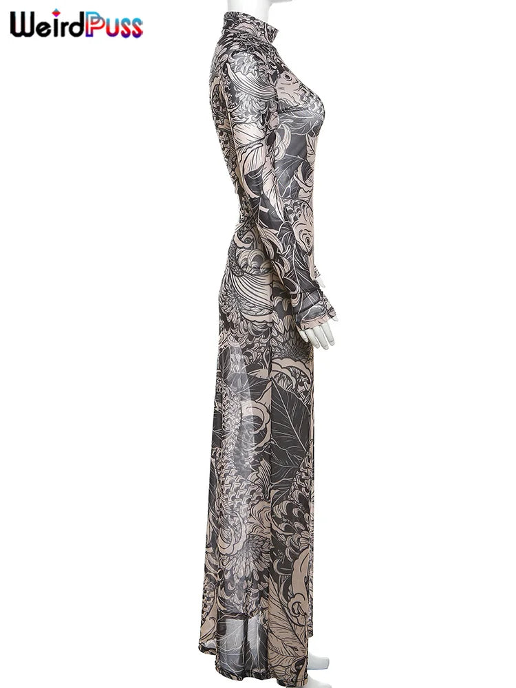 Mesh Print Maxi Bodycon Dress With Turtleneck And Long Sleeves
