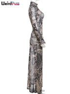 Mesh Print Maxi Bodycon Dress With Turtleneck And Long Sleeves