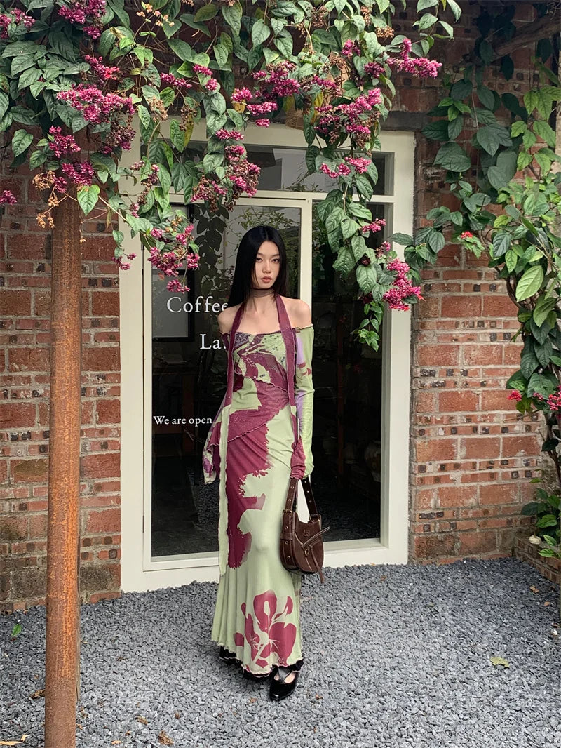 Off Shoulder Mesh Maxi Dress With Long Sleeves Backless Evening Gown