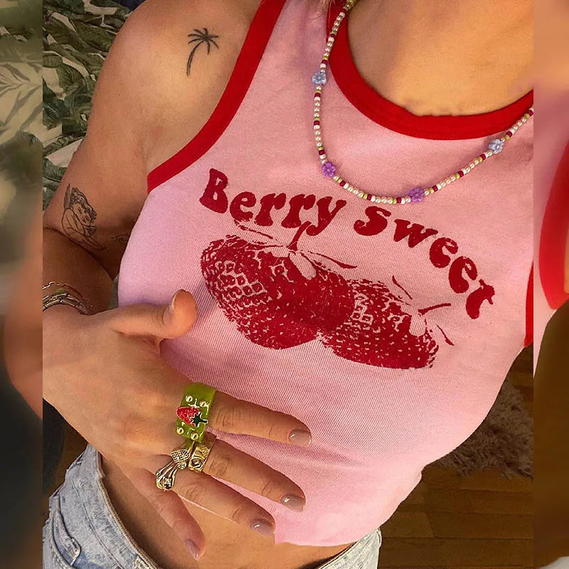 Pink Print Y2K Tank Top Off Shoulder Crop