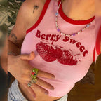 Pink Print Y2K Tank Top Off Shoulder Crop