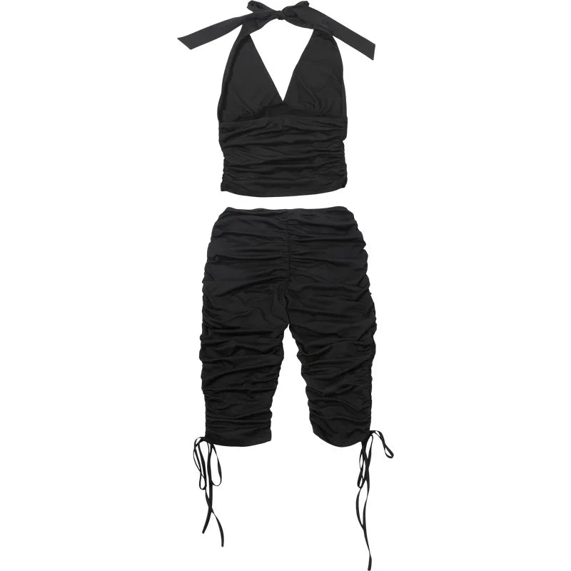 V Neck Halter Crop Top Two Piece Set With Sleek Fitted Pants