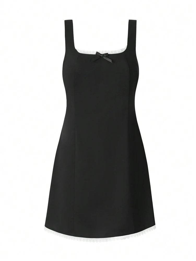 Lace Trim Camisole Mini Dress in Solid Polyester with Square Neck and Sleek