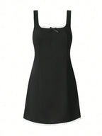 Lace Trim Camisole Mini Dress in Solid Polyester with Square Neck and Sleek