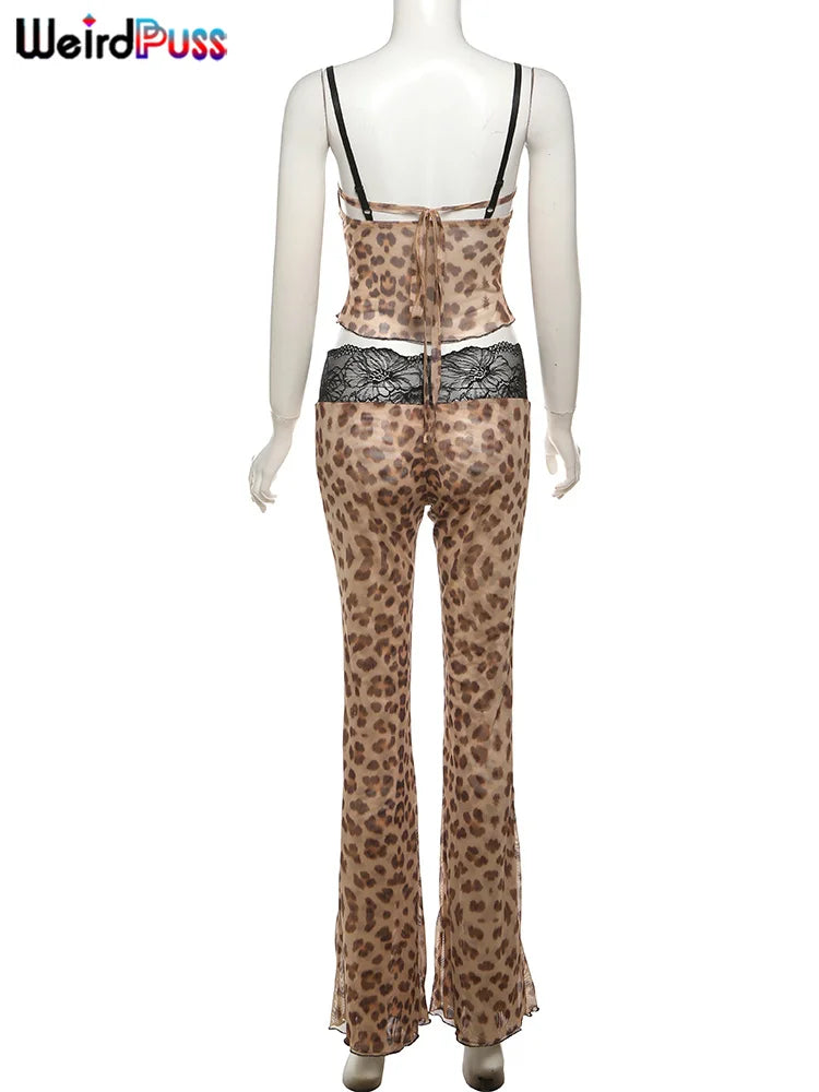 Patchwork Mesh Set With Leopard Print Skinny Pants Sexy Sleeveless Crop Top Street Style