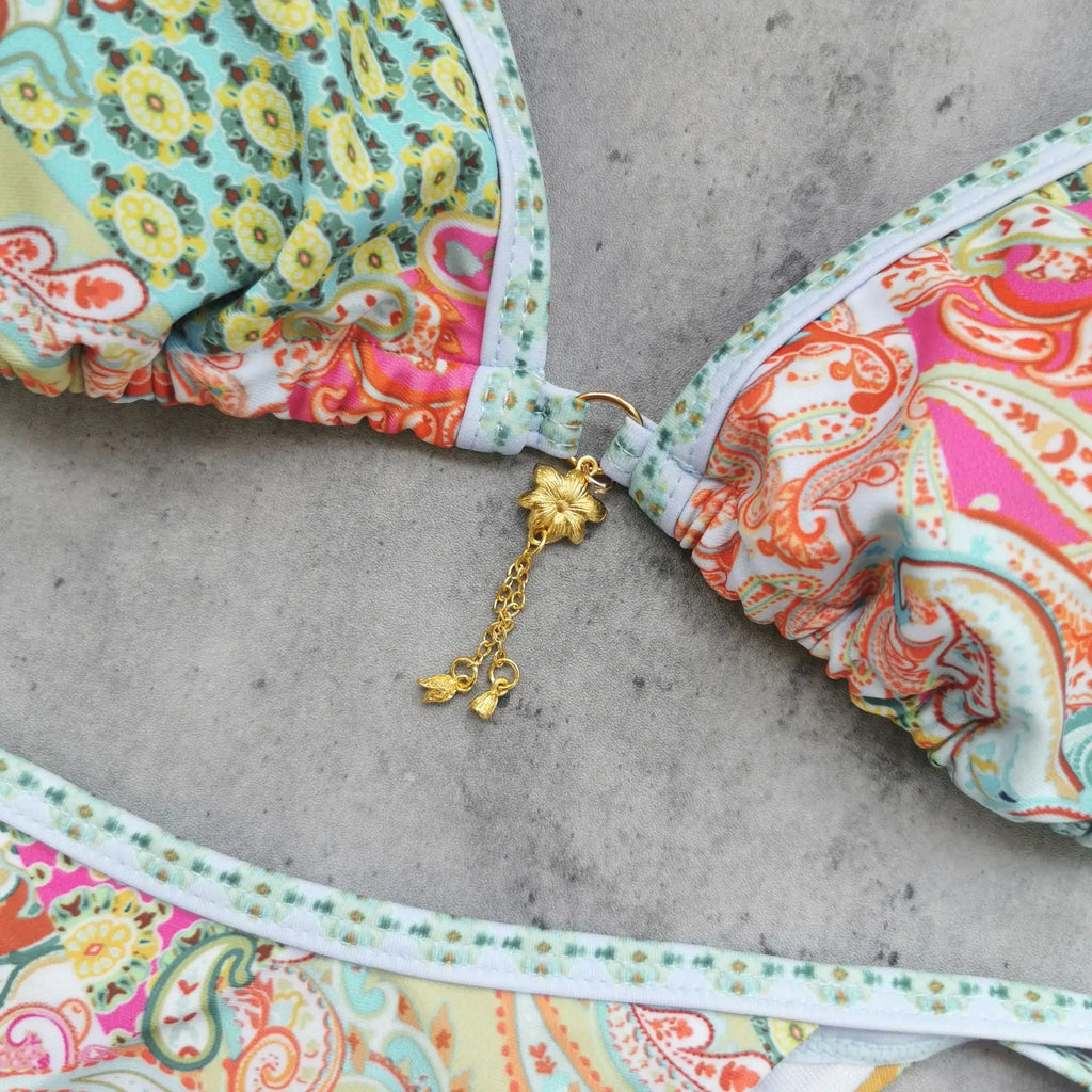 Retro Green Floral Bikini Set With Push Up Top And Cheeky Thong Bottom