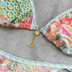 Retro Green Floral Bikini Set With Push Up Top And Cheeky Thong Bottom