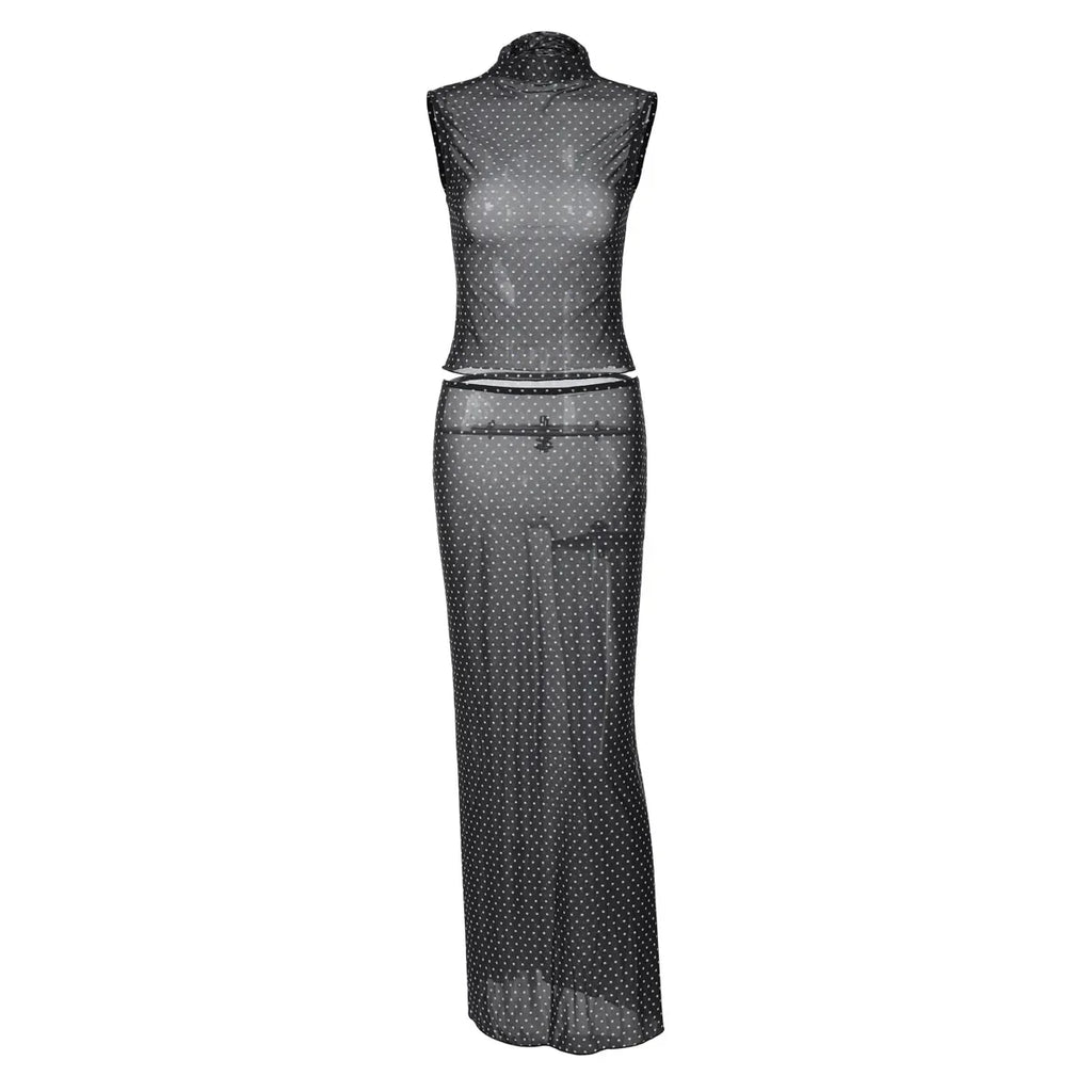 Vintage Polka Dot Dress Set With See Through Top And Long Skirt For Summer Parties