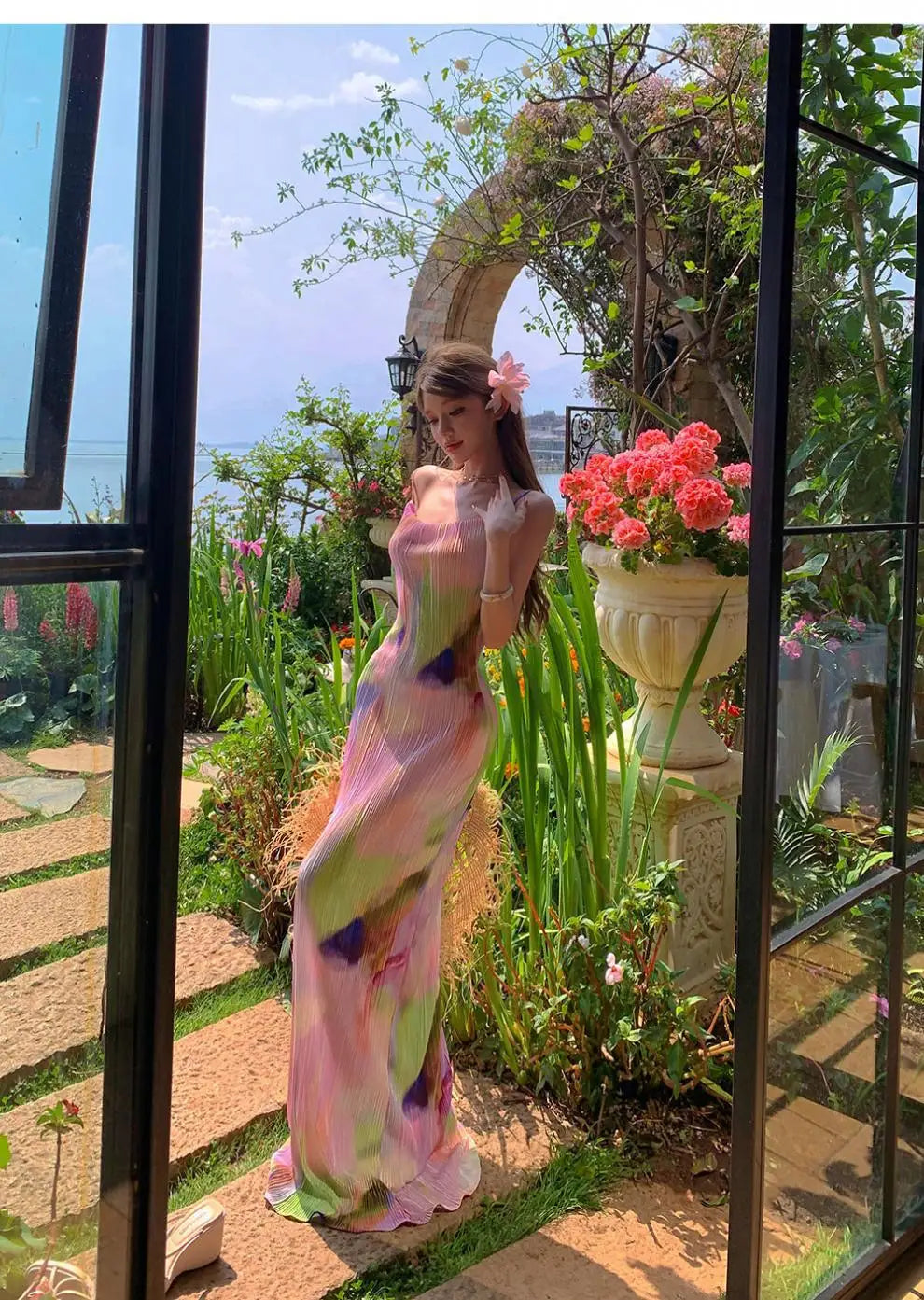 Pink Tie Dye Spaghetti Strap Maxi Dress For Beach Vacation Pleated Sleeveless Elegant Bodycon