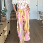 Vivid Multicolor Stripe Wide Leg Jeans With Pockets Low Waist Denim Trousers